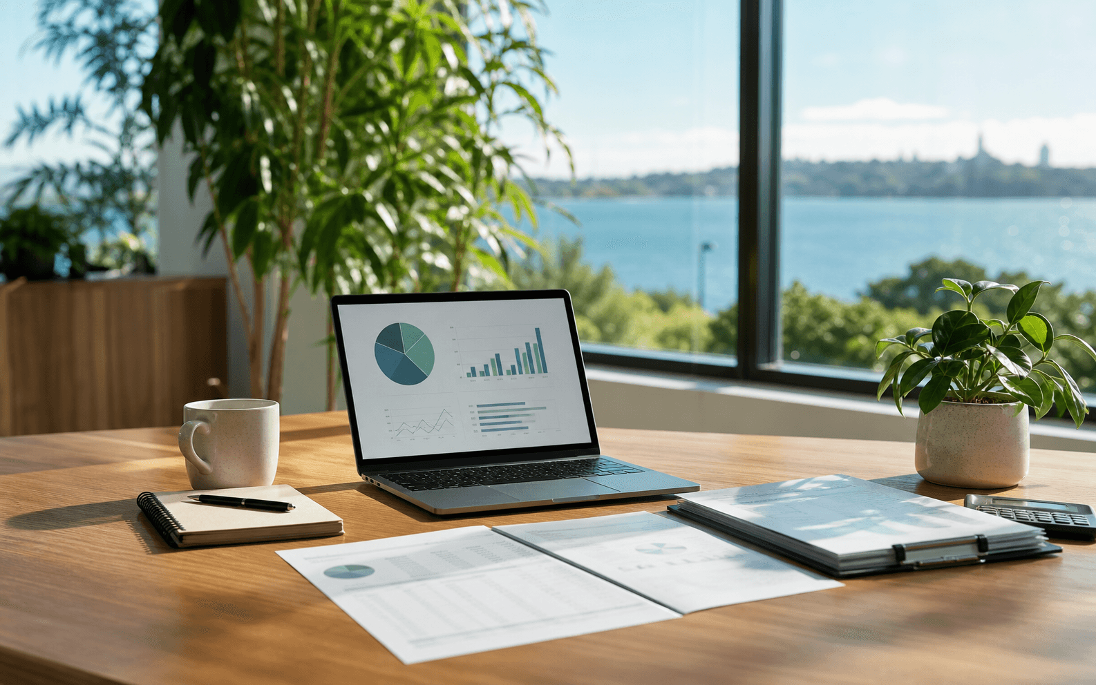 Natural light accounting workspace in Auckland with harbour-inspired colours